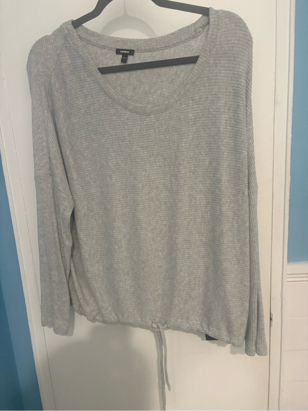Express Light Gray Ribbed Scoop-Neck Drawstring Sweatshirt